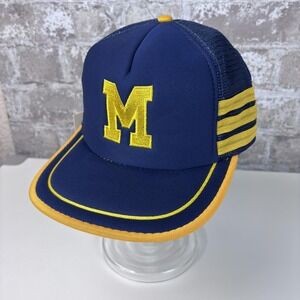 Vintage Michigan M Hat Cap Snap Back Mens Medium Large Blue Yellow Trucker 80s